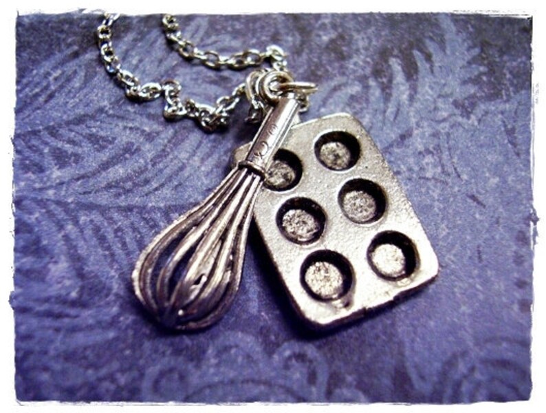 Silver Baker's Duo Necklace Antique Pewter Whisk and Muffin Tin Charms on a Delicate Silver Plated Cable Chain or Charms Only image 1