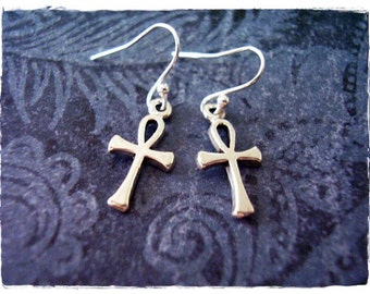 Tiny Silver Ankh Earrings - Sterling Silver Ankh Dangle Earrings