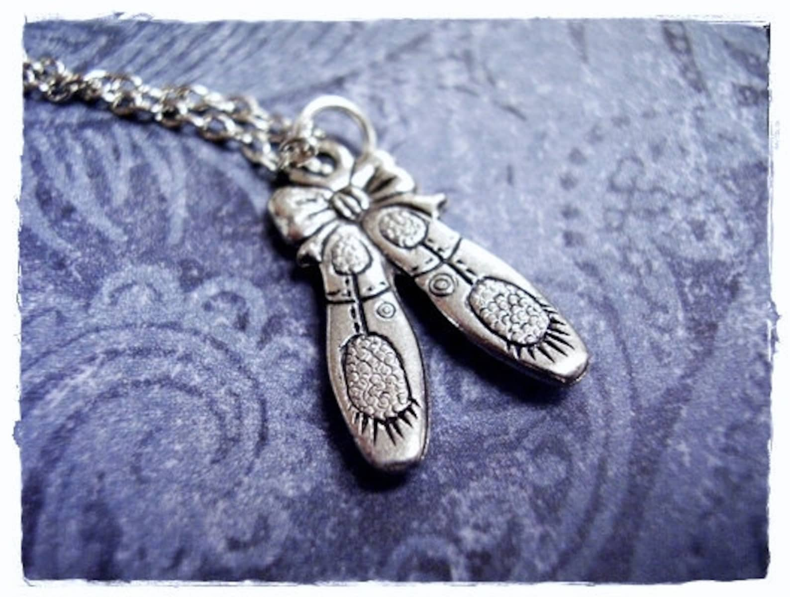 silver ballet slippers necklace - antique pewter ballet slippers charm on a delicate silver plated cable chain or charm only