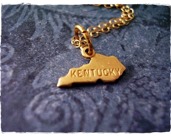Tiny Gold Kentucky State Necklace - Raw Brass Kentucky Charm on a Delicate 14kt Gold Filled Cable Chain or Charm Only