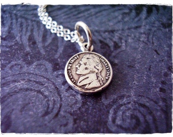 Tiny Silver Jefferson Nickel Necklace - Sterling Silver Jefferson Nickel Charm on a Delicate Sterling Silver Cable Chain or Charm Only