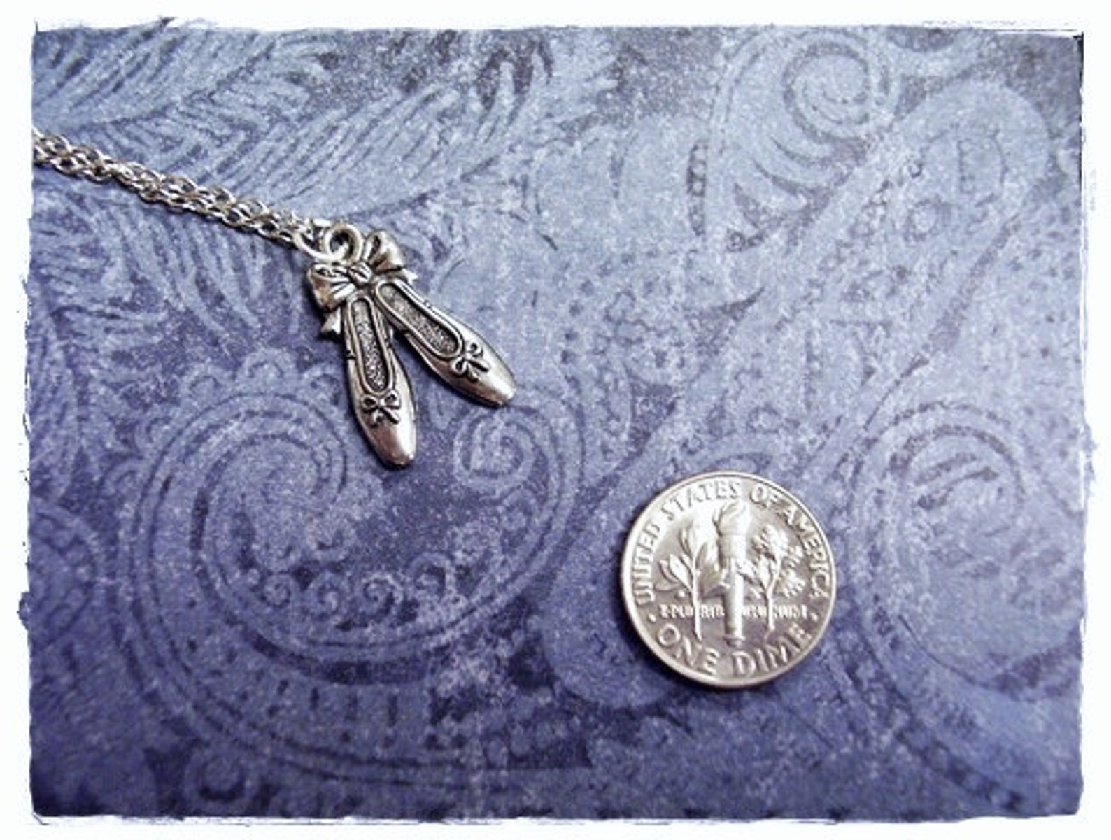 silver ballet slippers necklace - antique pewter ballet slippers charm on a delicate silver plated cable chain or charm only