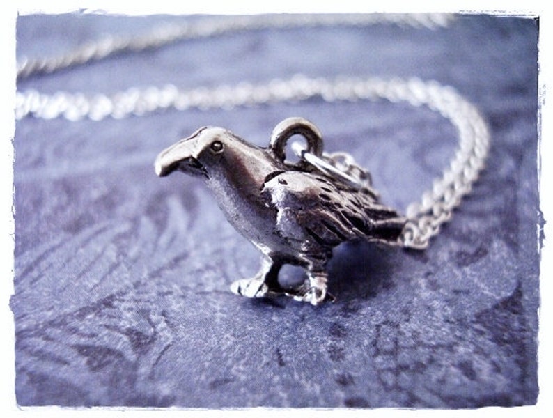 Silver Crow Necklace Antique Pewter Crow Charm on a Delicate Silver Plated Cable Chain or Charm Only image 2