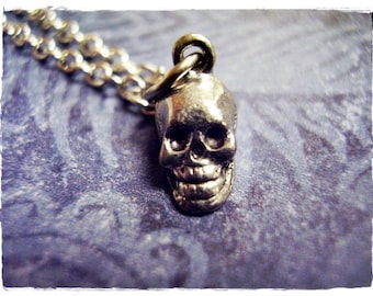 Tiny Silver Skull Necklace - Antique Pewter Skull Charm on a Delicate Stainless Steel Cable Chain or Charm Only
