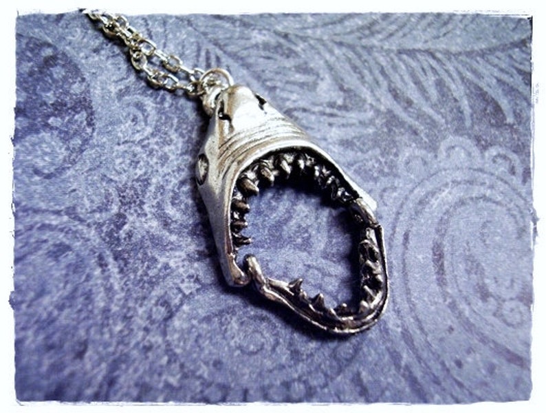 Movable Shark Jaws Necklace Antique Pewter Shark Jaws Charm on a Delicate Silver Plated Cable Chain or Charm Only image 1