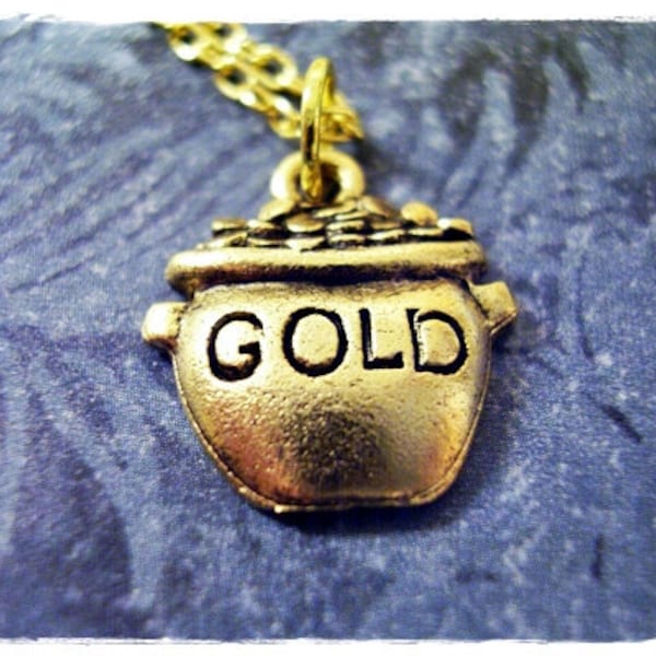 Small Pot of Gold Necklace - Antique Gold Pewter Pot of Gold Charm on a Delicate Gold Plated Cable Chain or Charm Only