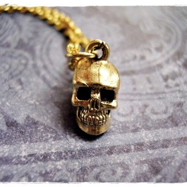 Gold Human Skull Necklace - Antique Gold Pewter Human Skull Charm on a Delicate Gold Plated Cable Chain or Charm Only