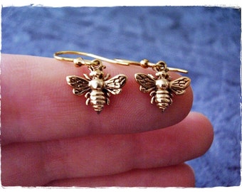 Tiny Gold Honeybee Earrings - Solid Bronze Honeybee Dangle Earrings