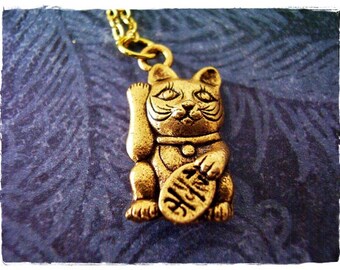 Gold Maneki Neko Lucky Cat of Japan Necklace - Antique Gold Pewter Maneki Neko Charm on a Delicate Gold Plated Cable Chain or Charm Only