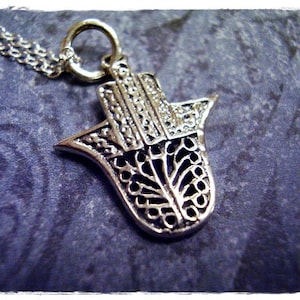 Oxidized Filigree Hamsa Hand Necklace - Sterling Silver Filigree Hamsa Hand Charm on a Delicate Sterling Silver Cable Chain or Charm Only