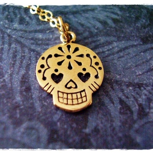 Gold Sugar Skull Necklace - Bronze Sugar Skull Charm on a Delicate 14kt Gold Filled Cable Chain or Charm Only