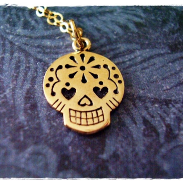 Gold Sugar Skull Necklace - Bronze Sugar Skull Charm on a Delicate 14kt Gold Filled Cable Chain or Charm Only