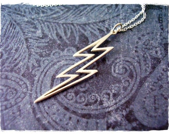 Large Silver Lightning Bolt Outline Necklace - Sterling Silver Lightning Bolt Charm on a Delicate Sterling Silver Cable Chain or Charm Only