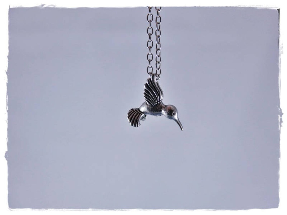 Silver Hummingbird Necklace - Antique Pewter Hummingbird Charm on a ...