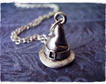 Silver Witch Hat Necklace - Antique Pewter Witch Hat Charm on a Delicate Silver Plated Cable Chain or Charm Only