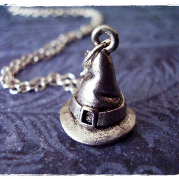 Silver Witch Hat Necklace - Antique Pewter Witch Hat Charm on a Delicate Silver Plated Cable Chain or Charm Only