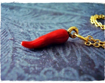 Red Chili Pepper Necklace - Red Enameled Antique Gold Pewter Chili Pepper Charm on a Delicate Gold Plated Cable Chain or Charm Only