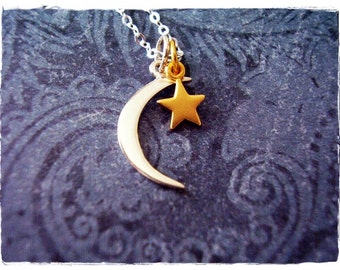 Silver Crescent Moon and Star Necklace - Gold Star and Sterling Silver Crescent Moon Charms on a Sterling Silver Chain or Charms Only