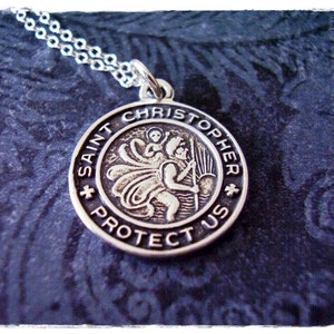 Round St Christopher Protect Us Medallion Necklace - Sterling Silver St Christopher Charm on a Sterling Silver Cable Chain or Charm Only