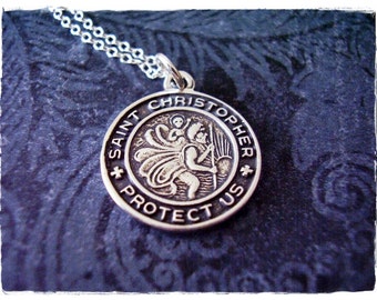 Round St Christopher Protect Us Medallion Necklace - Sterling Silver St Christopher Charm on a Sterling Silver Cable Chain or Charm Only