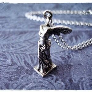 Silver Winged Victory Statue Necklace Antique Pewter Winged Victory Statue Charm on a Delicate Silver Plated Cable Chain or Charm Only image 2