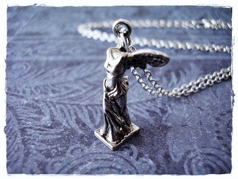 Silver Winged Victory Statue Necklace Antique Pewter Winged Victory Statue Charm on a Delicate Silver Plated Cable Chain or Charm Only image 2