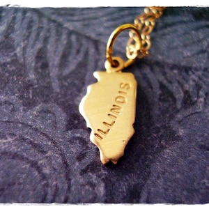 Tiny Gold Illinois State Necklace Raw Brass Illinois Charm on a Delicate 14kt Gold Filled Cable Chain or Charm Only image 1