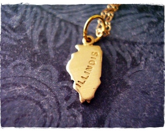 Tiny Gold Illinois State Necklace - Raw Brass Illinois Charm on a Delicate 14kt Gold Filled Cable Chain or Charm Only