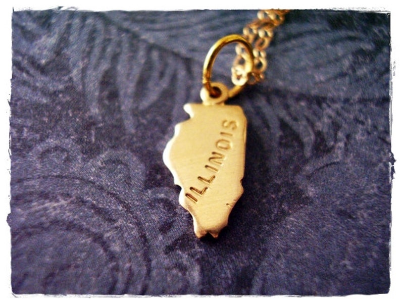 Tiny Gold Illinois State Necklace Raw Brass Illinois Charm on a Delicate 14kt Gold Filled Cable Chain or Charm Only image 1