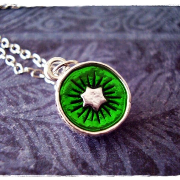 Green Kiwi Necklace - Green Enameled Silver Plated Kiwi Charm on a Delicate Silver Plated Cable Chain or Charm Only