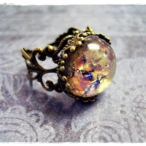 Round Amethyst Opal Glass Ring Round Amethyst Opal Glass Cabochon on an Ornate Antique Brass Filigree Band image 1