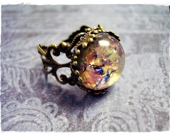 Round Amethyst Opal Glass Ring - Round Amethyst Opal Glass Cabochon on an Ornate Antique Brass Filigree Band