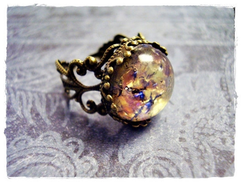 Round Amethyst Opal Glass Ring Round Amethyst Opal Glass Cabochon on an Ornate Antique Brass Filigree Band image 1