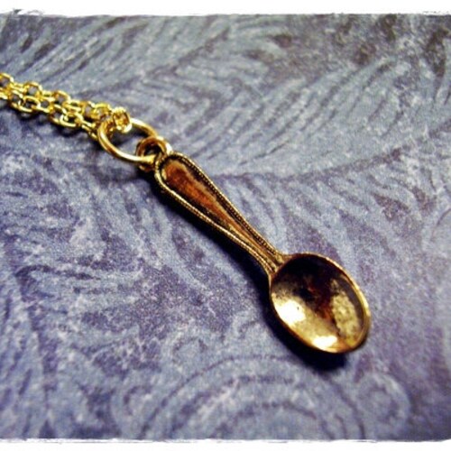 Tiny Golden Spoon Necklace Antique Gold Pewter Spoon Charm Etsy