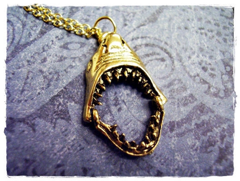 Gold Shark Jaws Necklace Antique Gold Pewter Shark Jaws Charm on a Delicate Gold Plated Cable Chain or Charm Only image 1