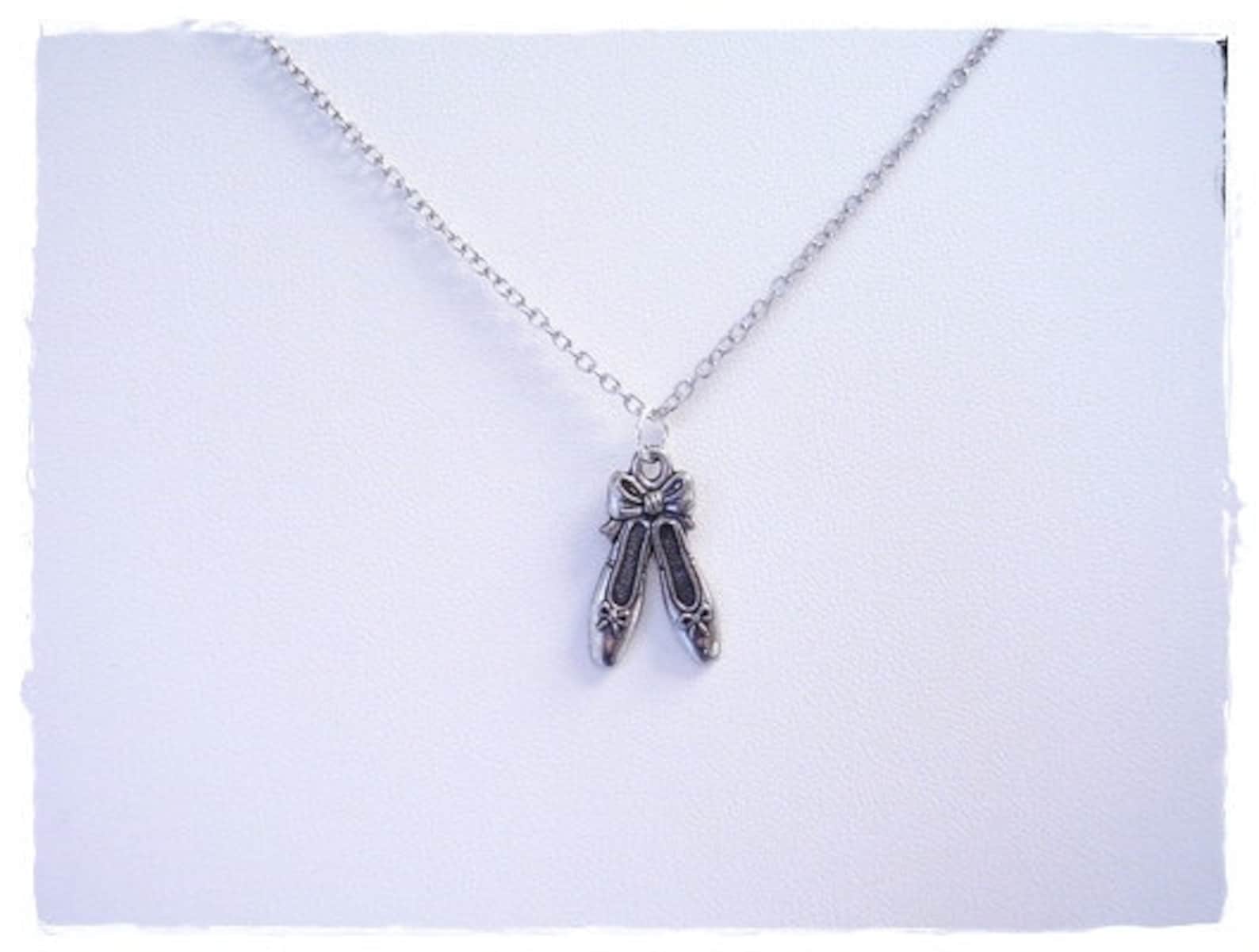 silver ballet slippers necklace - antique pewter ballet slippers charm on a delicate silver plated cable chain or charm only
