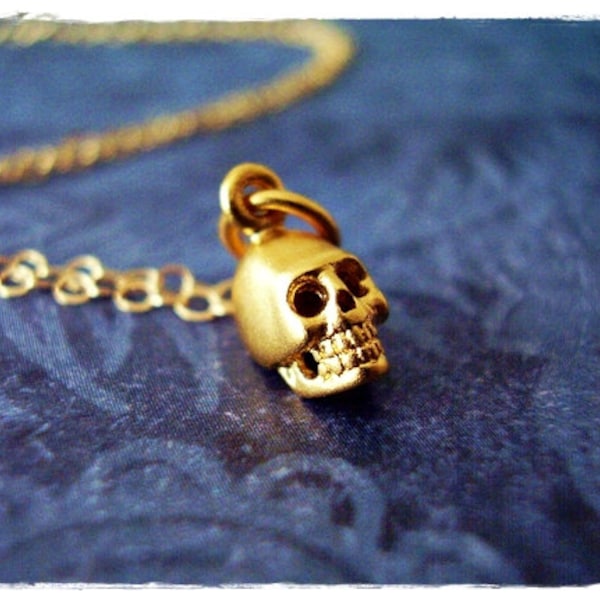 Tiny Gold Skull Necklace - Tiny Matte 24kt Gold Plate Skull Charm on a Delicate 14kt Gold Filled Cable Chain or Charm Only