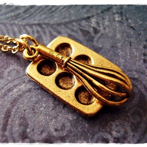 Gold Baker&#39;s Duo Necklace - Antique Gold Pewter Whisk and Muffin Tin Charms on a Delicate Gold Plated Cable Chain or Charms Only