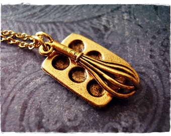 Gold Baker's Duo Necklace - Antique Gold Pewter Whisk and Muffin Tin Charms on a Delicate Gold Plated Cable Chain or Charms Only