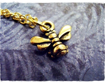 Tiny Gold Honeybee Necklace - Antique Gold Pewter Honeybee Charm on a Delicate Gold Plated Cable Chain or Charm Only
