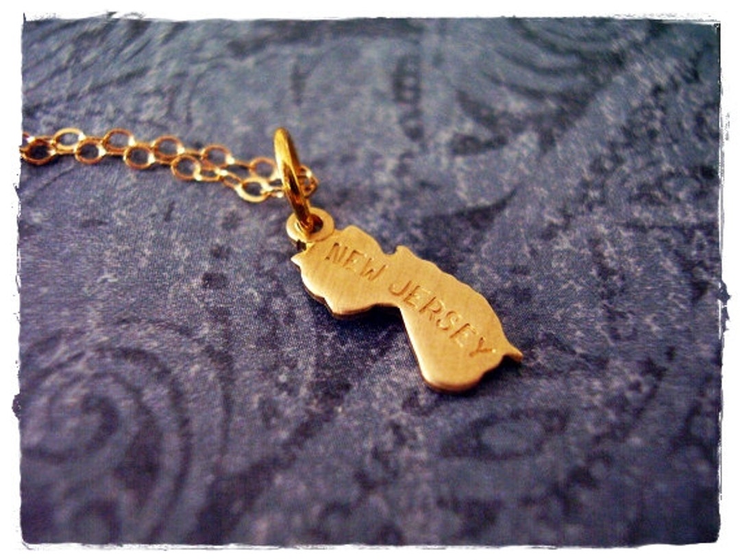Is There Gold In New Jersey Tiny Gold New Jersey State Necklace - Raw Brass New Jersey Charm on a