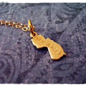 Tiny Gold New Jersey State Necklace - Raw Brass New Jersey Charm on a Delicate 14kt Gold Filled Cable Chain or Charm Only