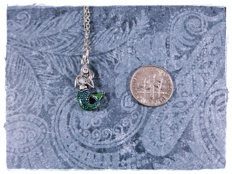 Blue Green Mermaid Necklace Blue Green Enameled Antique Pewter Mermaid Charm on a Delicate Silver Plated Cable Chain or Charm Only image 3