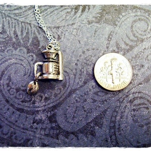 Coffee Maker and Coffee Bean Necklace Antique Pewter Coffee Maker and Coffeen Bean Charm on a Silver Plated Cable Chain or Charm Only image 2