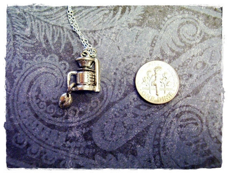 Coffee Maker and Coffee Bean Necklace Antique Pewter Coffee Maker and Coffeen Bean Charm on a Silver Plated Cable Chain or Charm Only image 2