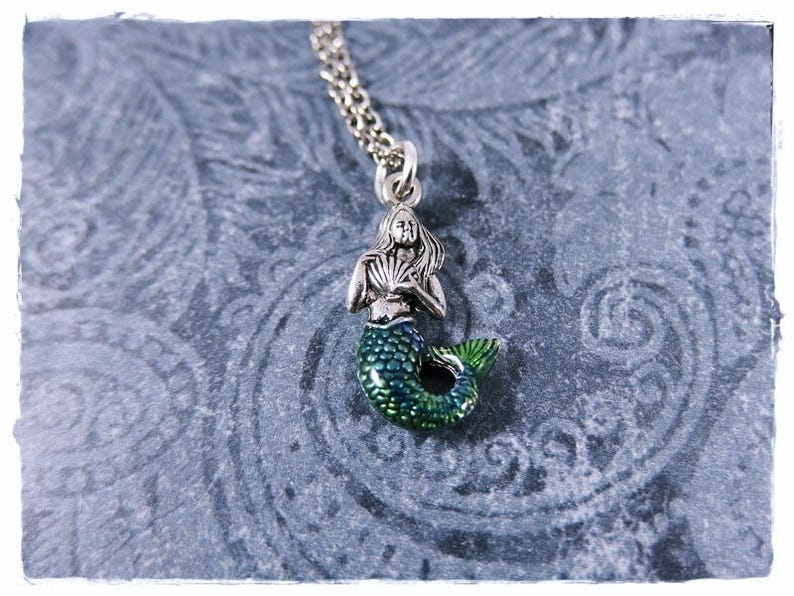 Blue Green Mermaid Necklace Blue Green Enameled Antique Pewter Mermaid Charm on a Delicate Silver Plated Cable Chain or Charm Only image 1