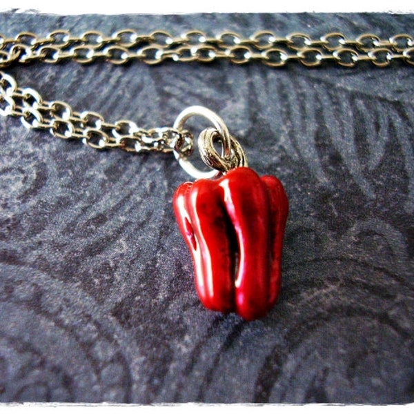 Red Pepper Necklace - Red Enameled Antique Pewter Bell Pepper Charm on a Delicate Silver Plated Cable Chain or Charm Only