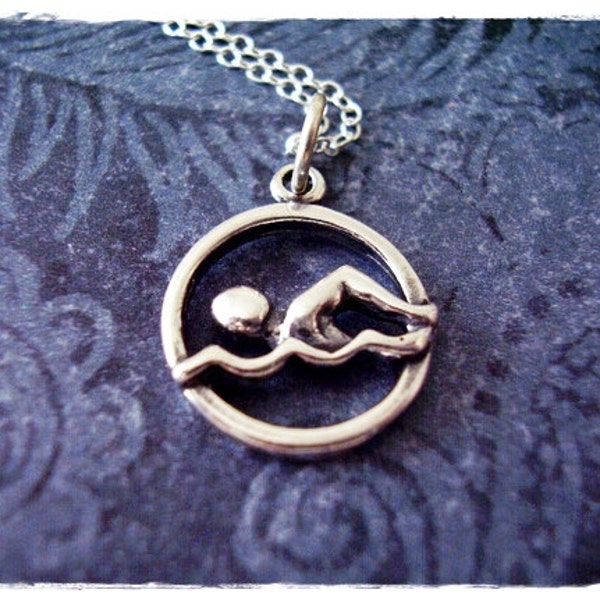 Silver Swimmer Necklace - Sterling Silver Swimmer Charm on a Delicate Sterling Silver Cable Chain or Charm Only