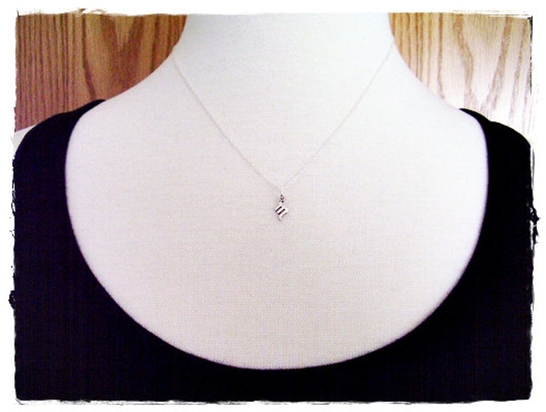 May include: A silver necklace with a small, silver pendant shaped like the letter "M". The necklace is on a white mannequin wearing a black top.