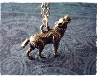 Silver Howling Wolf Necklace - Antique Pewter Howling Wolf Charm on a Delicate Silver Plated Cable Chain or Charm Only